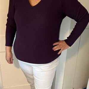 Purple V-Neck Ribbed Sweater